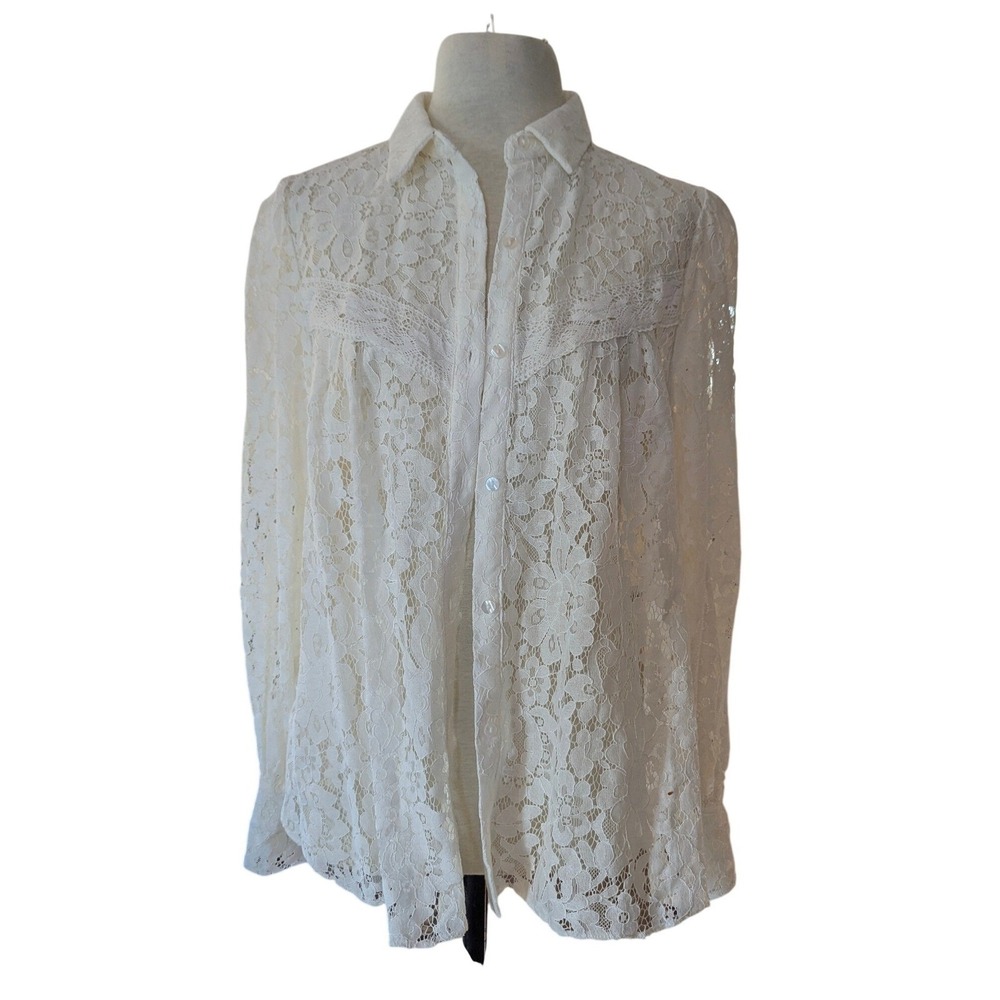 Calligraphie Womens Ivory Floral Lace Button Down Blouse Shirt Medium Boho Ivory